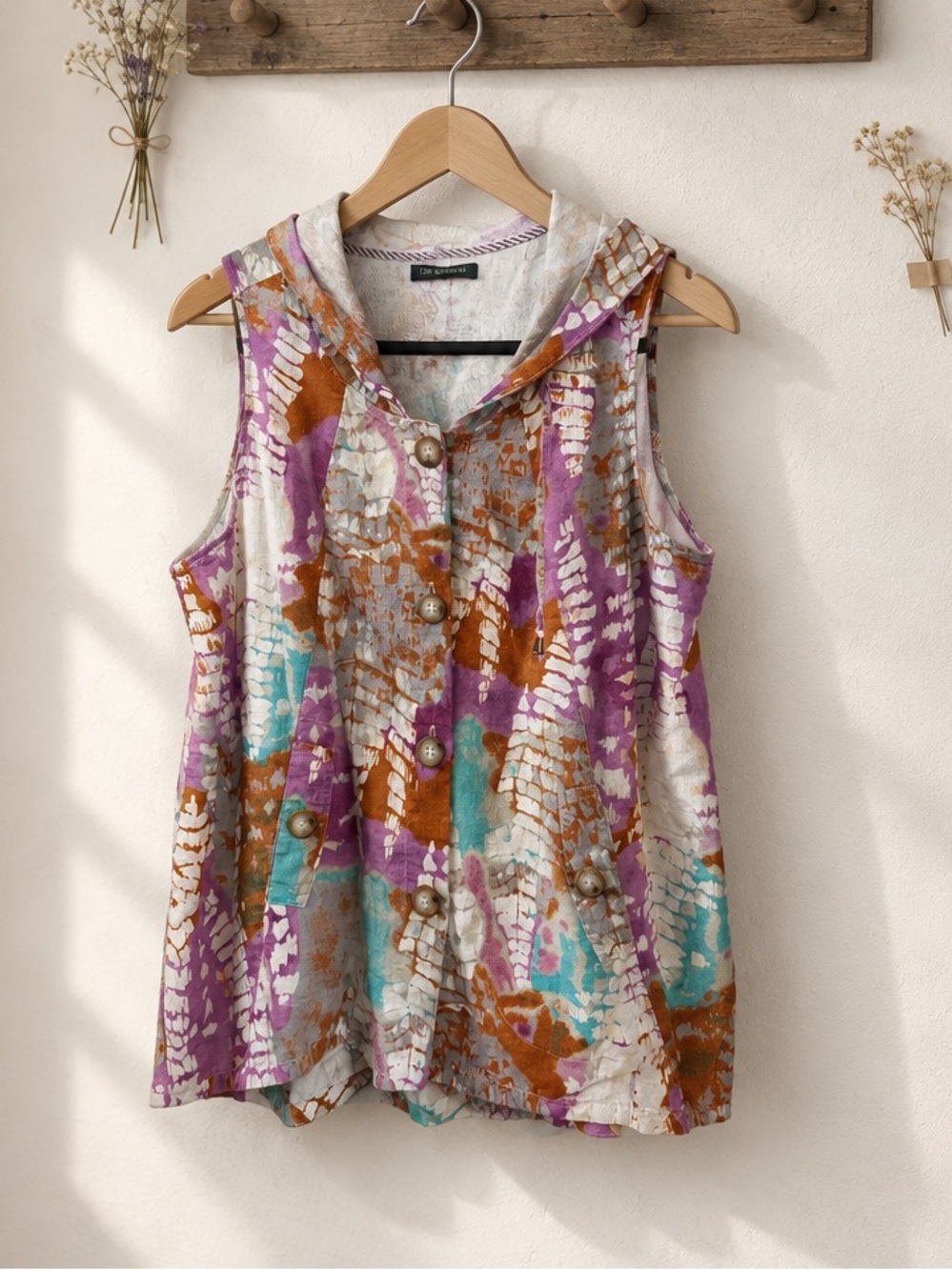For Cynthia Woman Linen Blend Hooded Vest Top Plus Size 1X Abstract Print